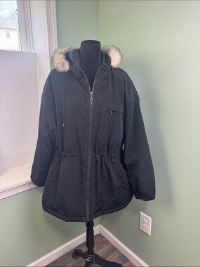 Black Hooded Parka Coat with Faux Fur Trim 2X